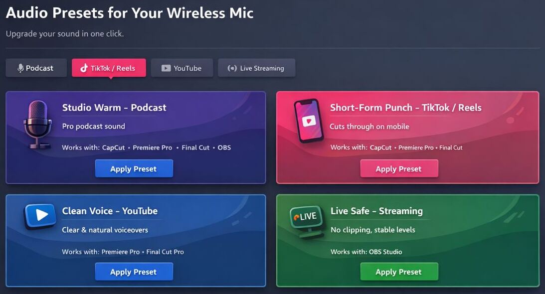 Audio presets dashboard preview